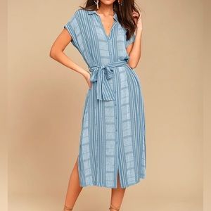 Lush Blue and White Striped Midi Shirt Dress